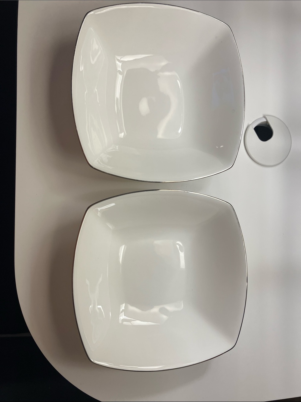 2 Mikasa White Square Ceramic Coupe Bowls with Silver Trim 7” “Couture Platinum”